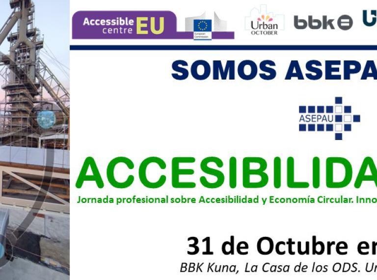 Somos Asepau 2023. Accesibilidad Verde. 31 de octubre en Bilbao. Foto de una instalaciónindustrial con un ascensor y el logotipo de Accesibilidad de NNUU