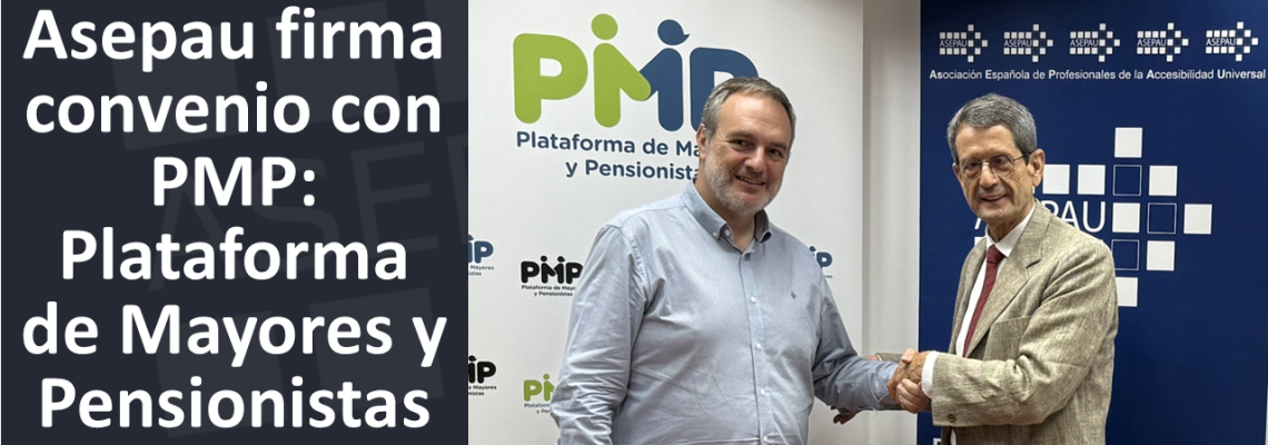 foto de dos hombres de pie dándose la mano delante de dos enaras de PMP y ASEPAU